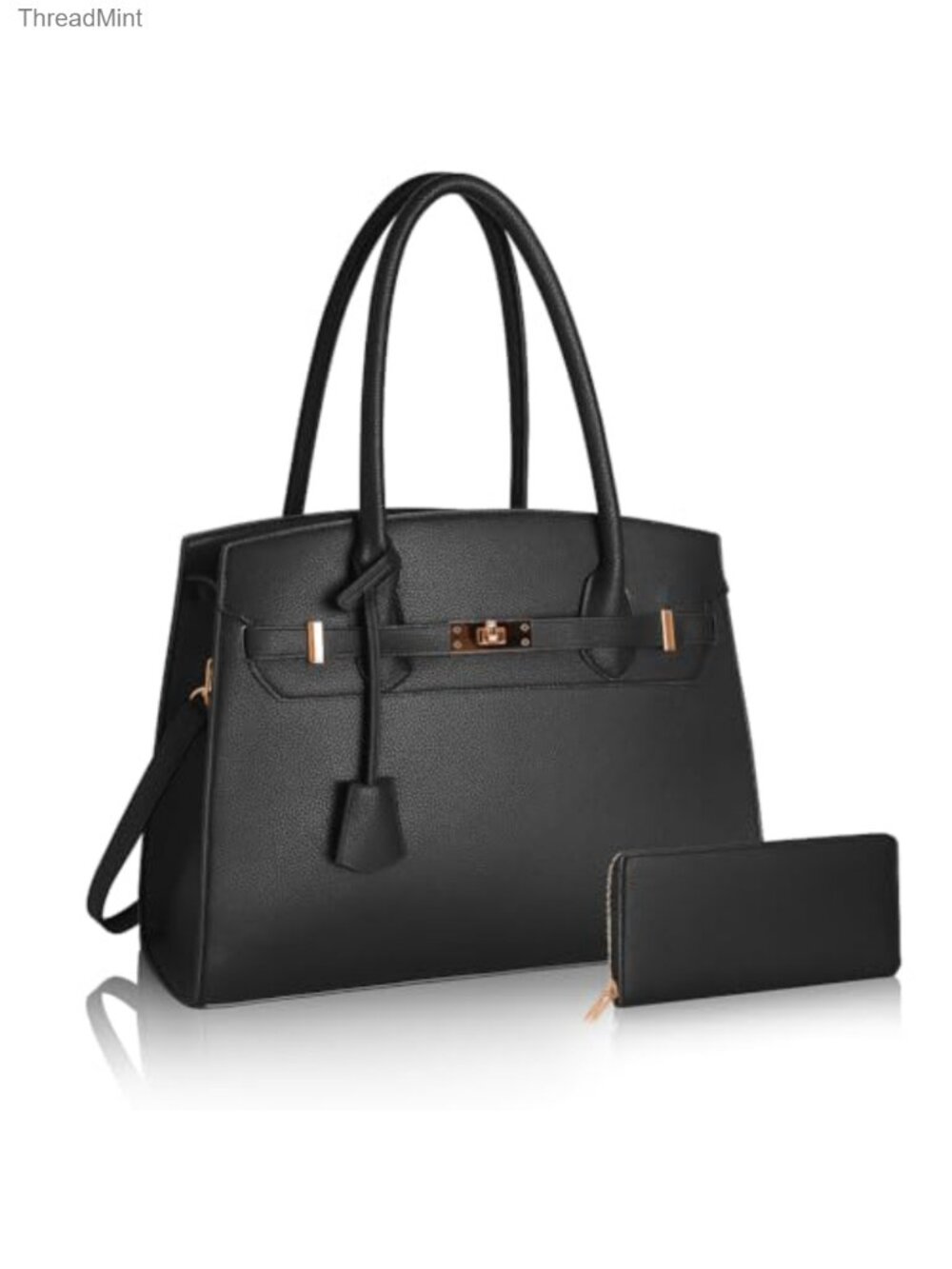 Faux Leather Satchel Bag with Matching Wallet, Adjustable Strap Work Handbag